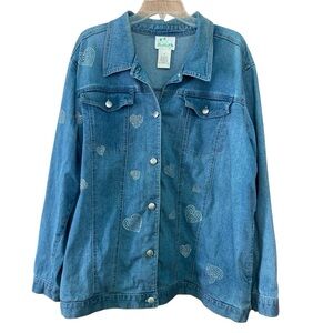 Quacker Factory Blue Jean Denim Jacket Rhinestone Hearts Detail (Size 1X)